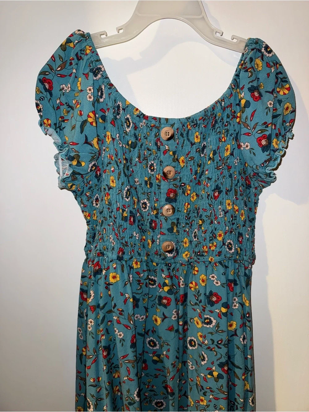 Zunie Teal Floral Smocked Midi Dress with Buttons